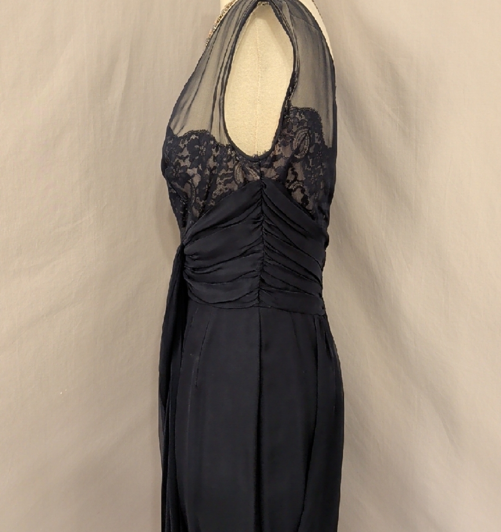 40s 50s Elegant Navy Sheer Lace Yoke Chiffon Drapef Bubble Hem Cocktail Dress - Picture 4 of 16